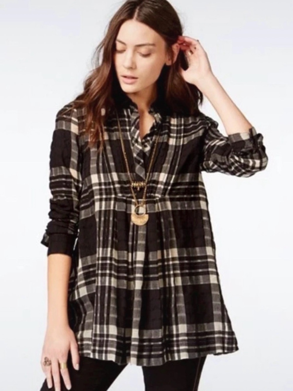 Free People Black & Cream Plaid Long-Sleeve Tunic